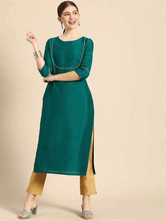 Janasya Women Green Regular Kurta with Trousers