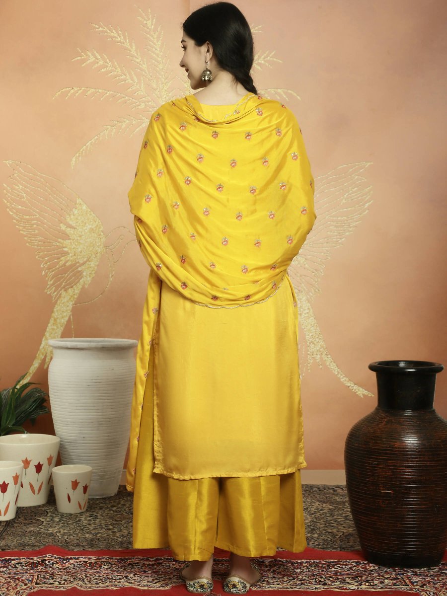Aastha Fashion Women's Yellow Upada Silk Floral Resham Thread Kurta with Trouser & Dupatta - Grab2buy