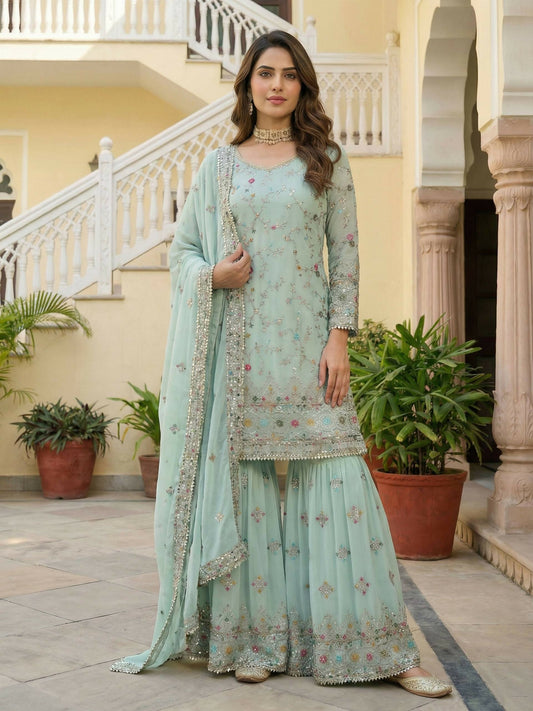 Joban Fashion Sky Georgette Embroidered Sharara Set