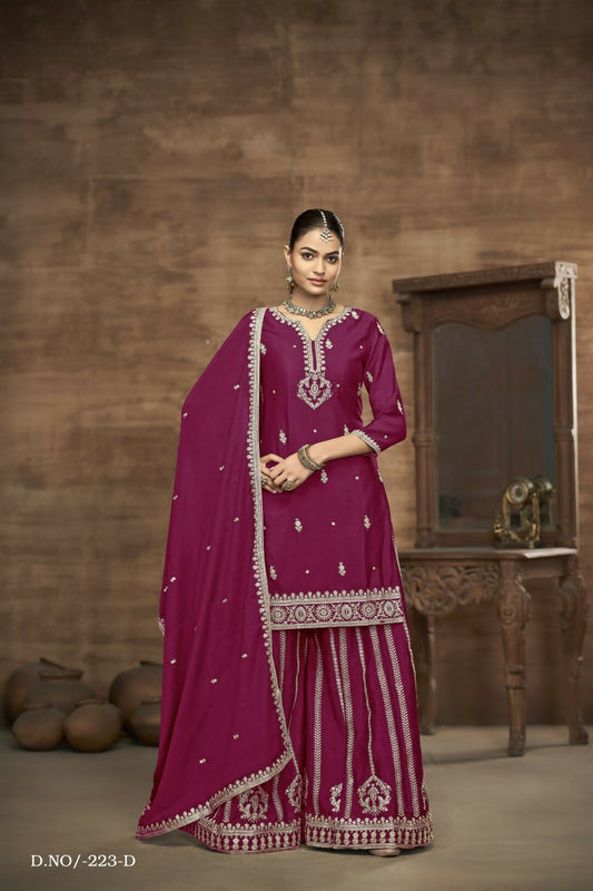 Anaita Wine Chinon Silk Embroidered Stitched Sharara Suit