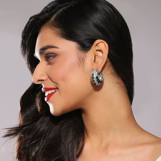 Black & Silver Diamond Hoops Earrings- Ruby Raang Grab2Buy Ruby Raang Grab2Buy