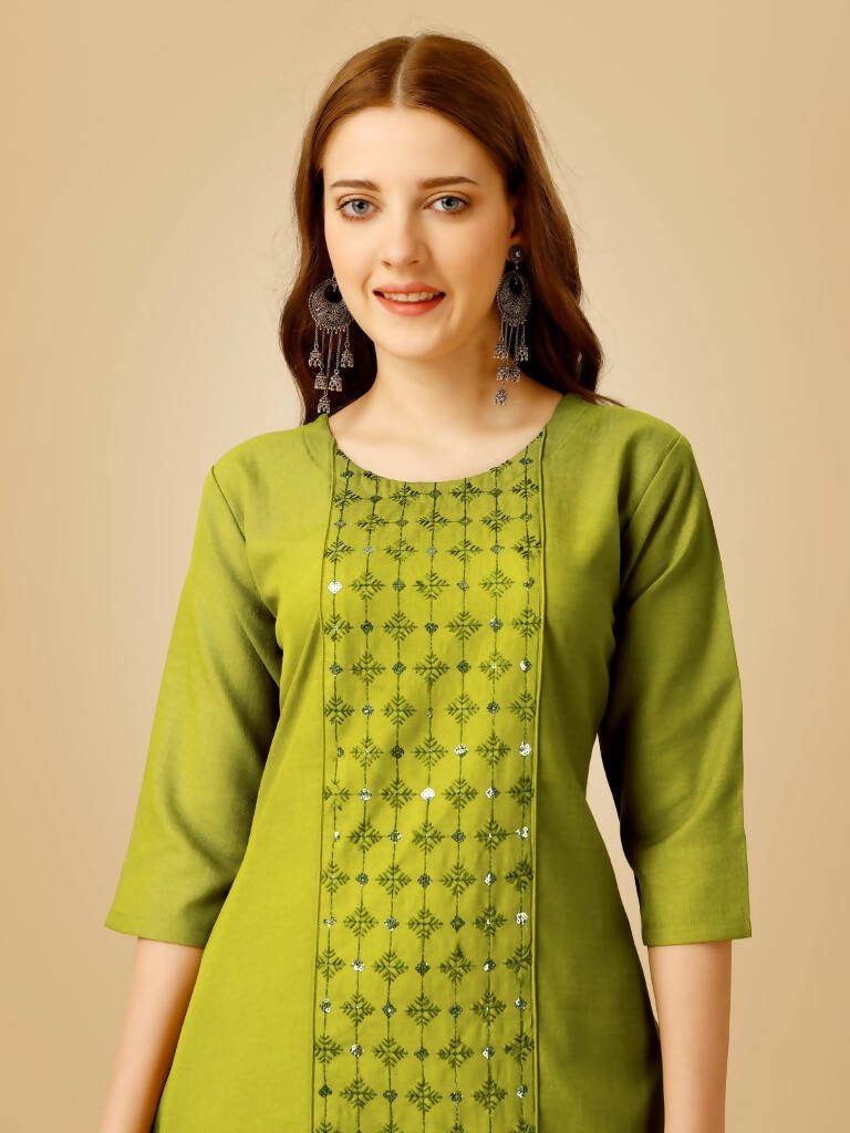 Aastha Fashion Women's Green Cotton Blend Embroidered Kurta Pant Set - Grab2buy