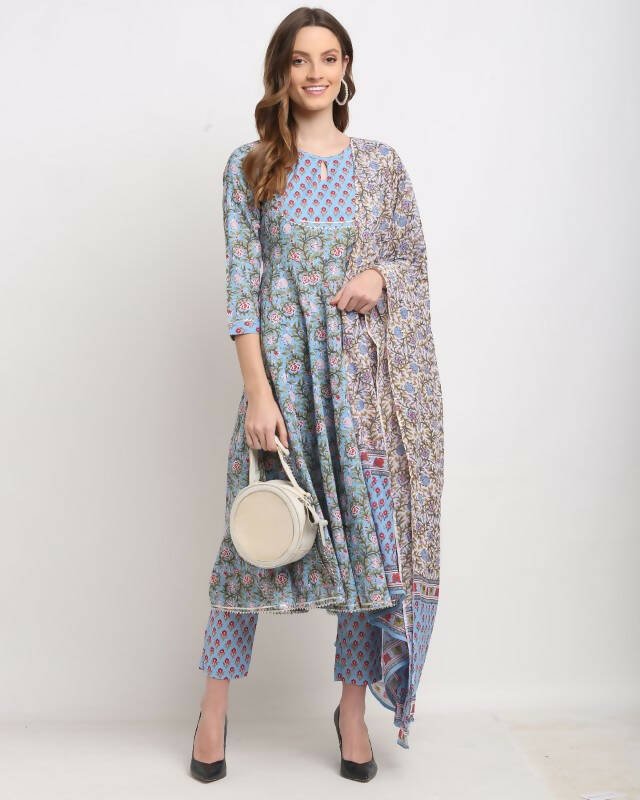 Aastha Fashion Women's Blue Cotton Kalamkari Printed Kurta with Trouser & Dupatta - Grab2buy