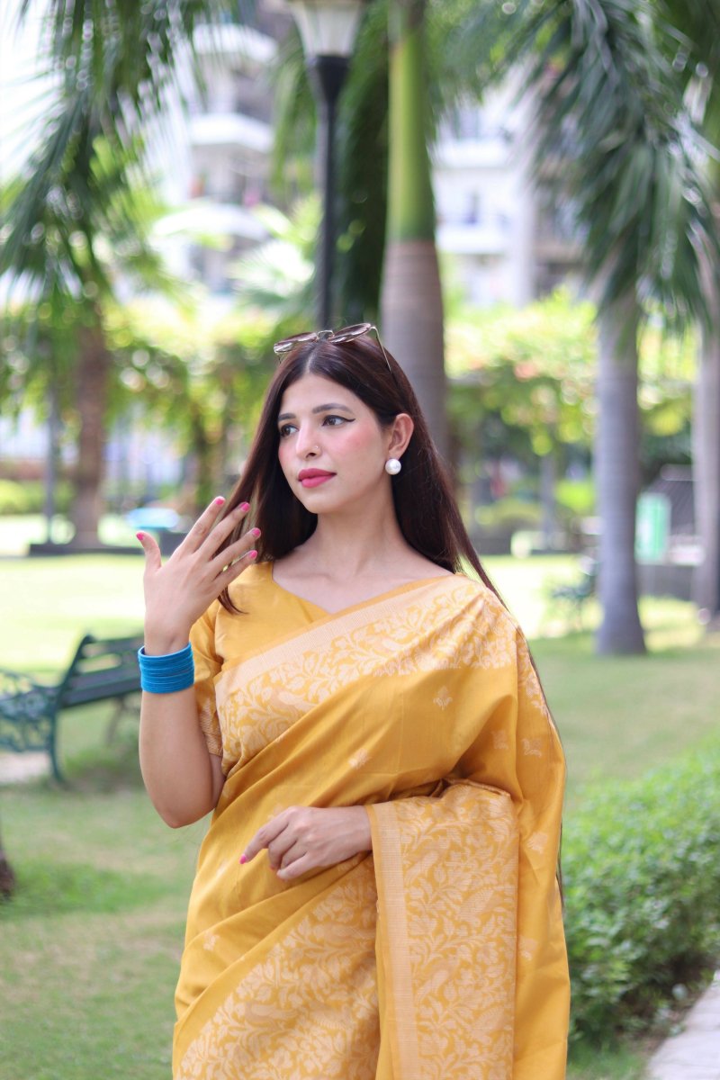 Aastha Fashion Yellow Woven Handloom Raw Silk Saree with Blouse - Grab2buy