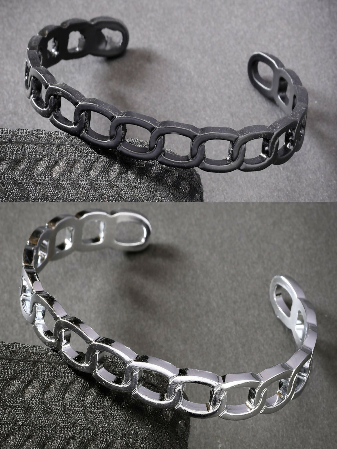 NVR Men's Set of 2 Silver & Black Rhodium-Plated Metal Cuff Bracelet - Grab2buy