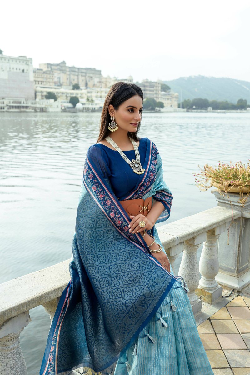 Aastha Fashion Blue Floral Printed Cotton Silk Saree with Blouse - Grab2buy