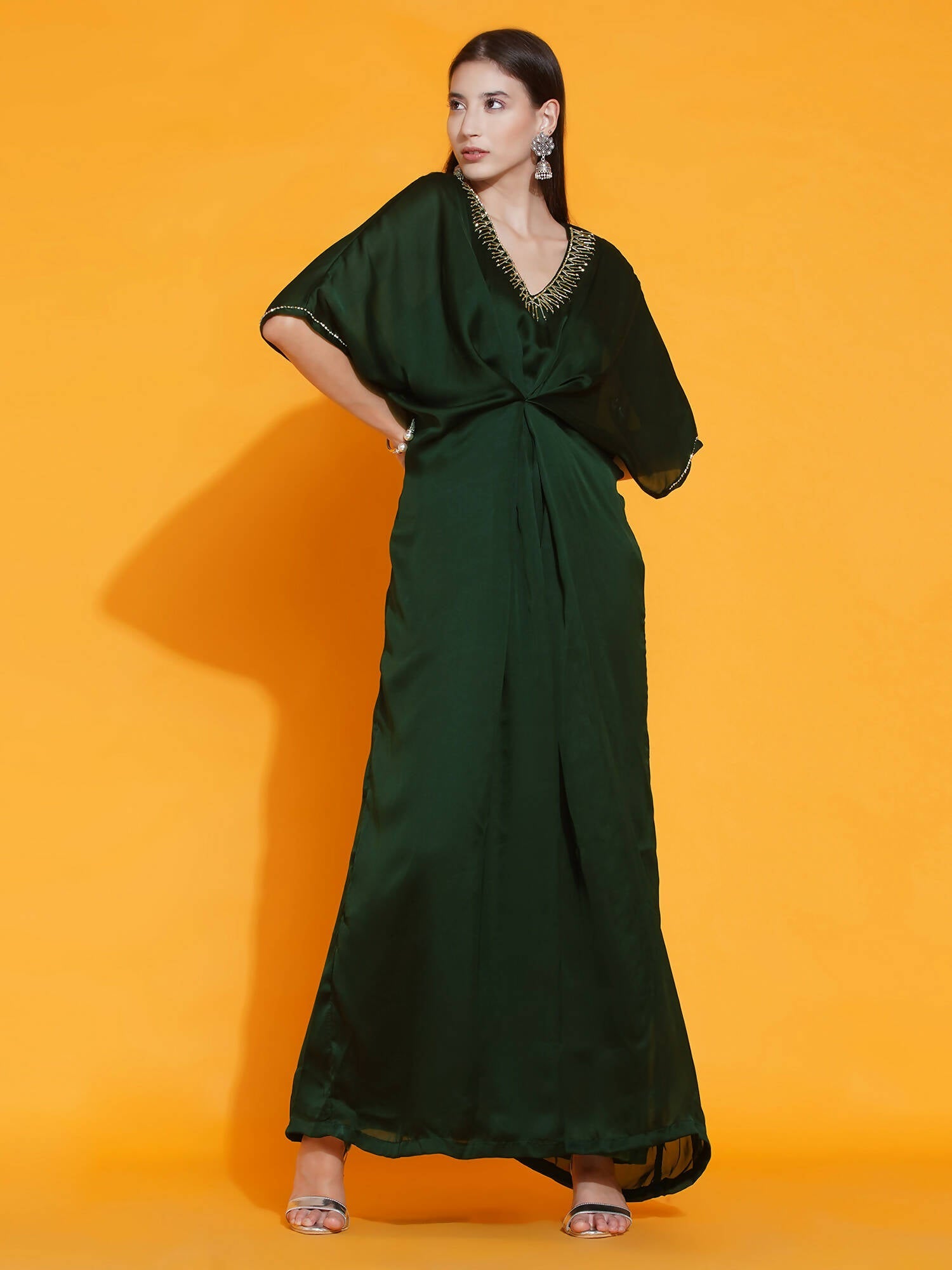 Women Republic Green Georgette Hand Embellished Kaftan Style Gown - Grab2buy