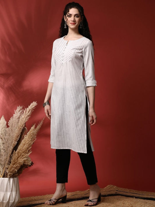 Anouk Striped Notch Neck Pure Cotton Straight Kurta | Grab2Buy