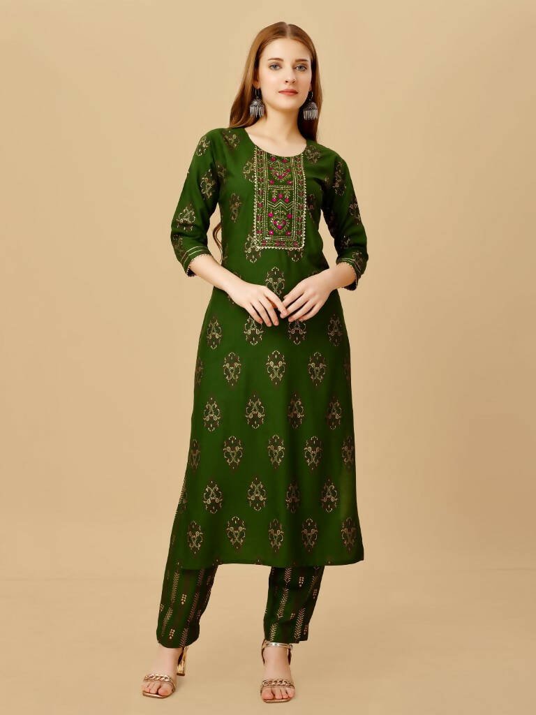 Aastha Fashion Women's Green Viscose Rayon Embroidered Kurta Pant Set - Grab2buy
