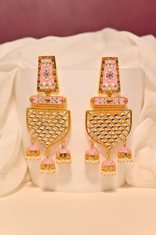 Pink Traditional Gold-Polished Meenakari Jhumka Jhumki Earrings Indian Jewellery For Women Girls By House of Ree | Grab2Buy