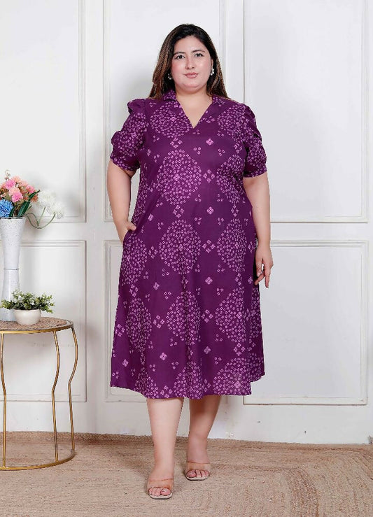 Miravan Plus Size Womens Purple Bandhani Printed A-Line Maxi Dress