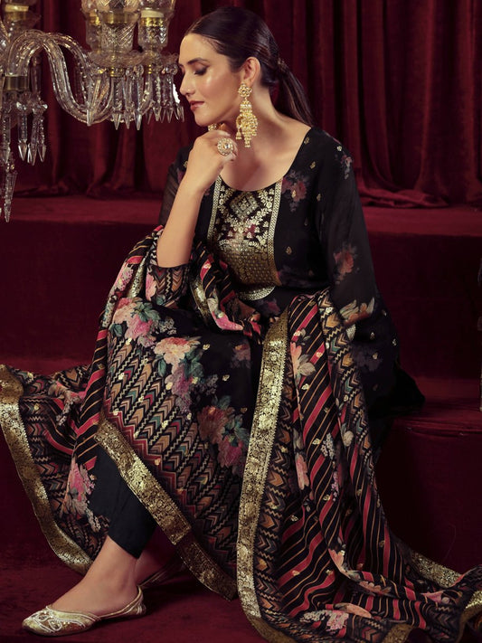 Aastha Fashion Women's Black Organza Jacquard Woven Kurta with Trouser & Dupatta - Grab2buy