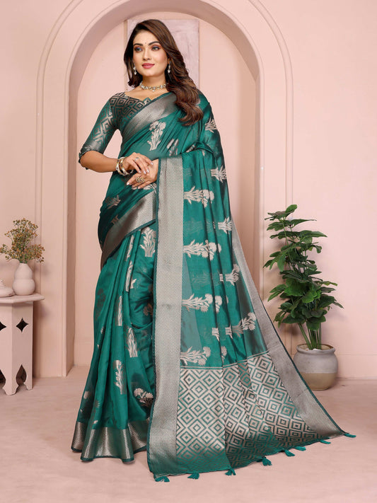 Aastha Fashion Green Soft Organza Silk Weaving Saree