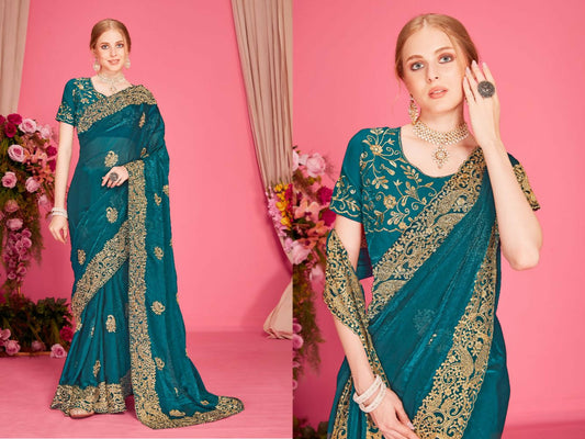 PR Fashion Morpeach Fendi Two Tone Silk Heavy Zari Embroidery Work With Heavy Zircon Work Saree