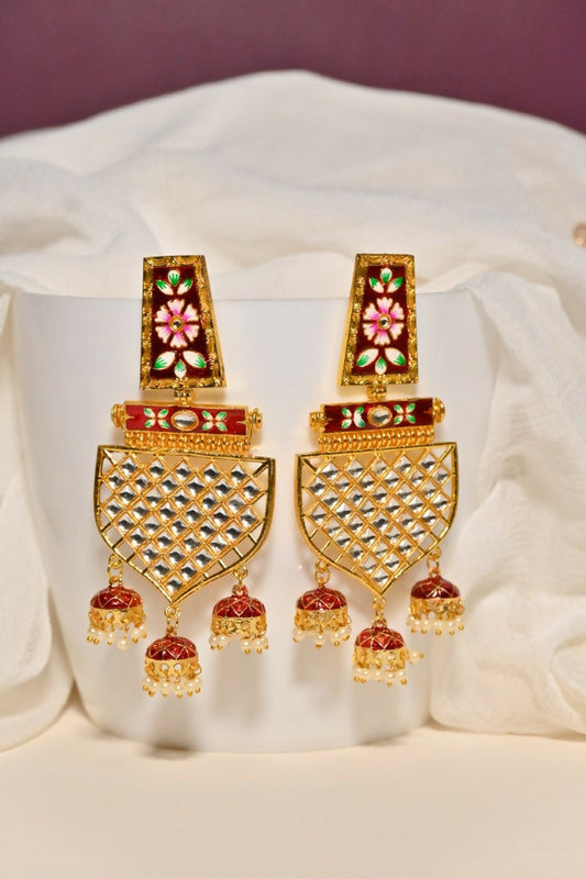 Maroon Traditional Gold-Polished Meenakari Jhumka Jhumki Earrings Indian Jewellery For Women Girls By House of Ree | Grab2Buy