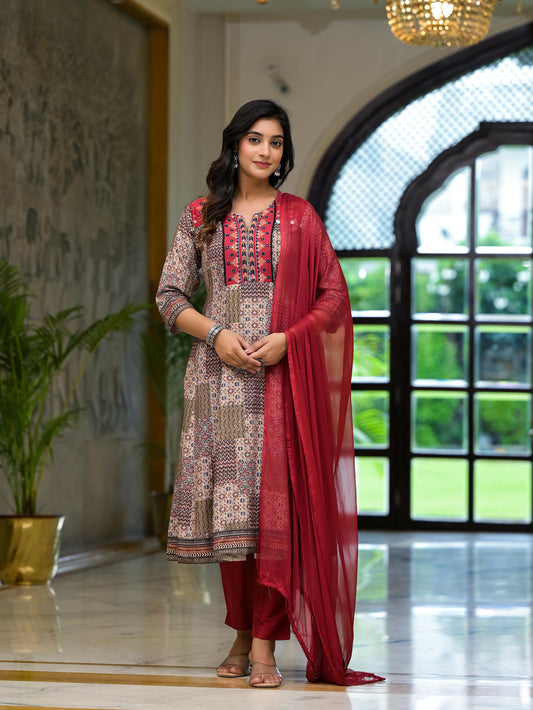 Juniper Women's Multi Color Ethnic Motif Printed Muslin Kurta Pant And Dupatta Set With Coins Thread & Mirror Work