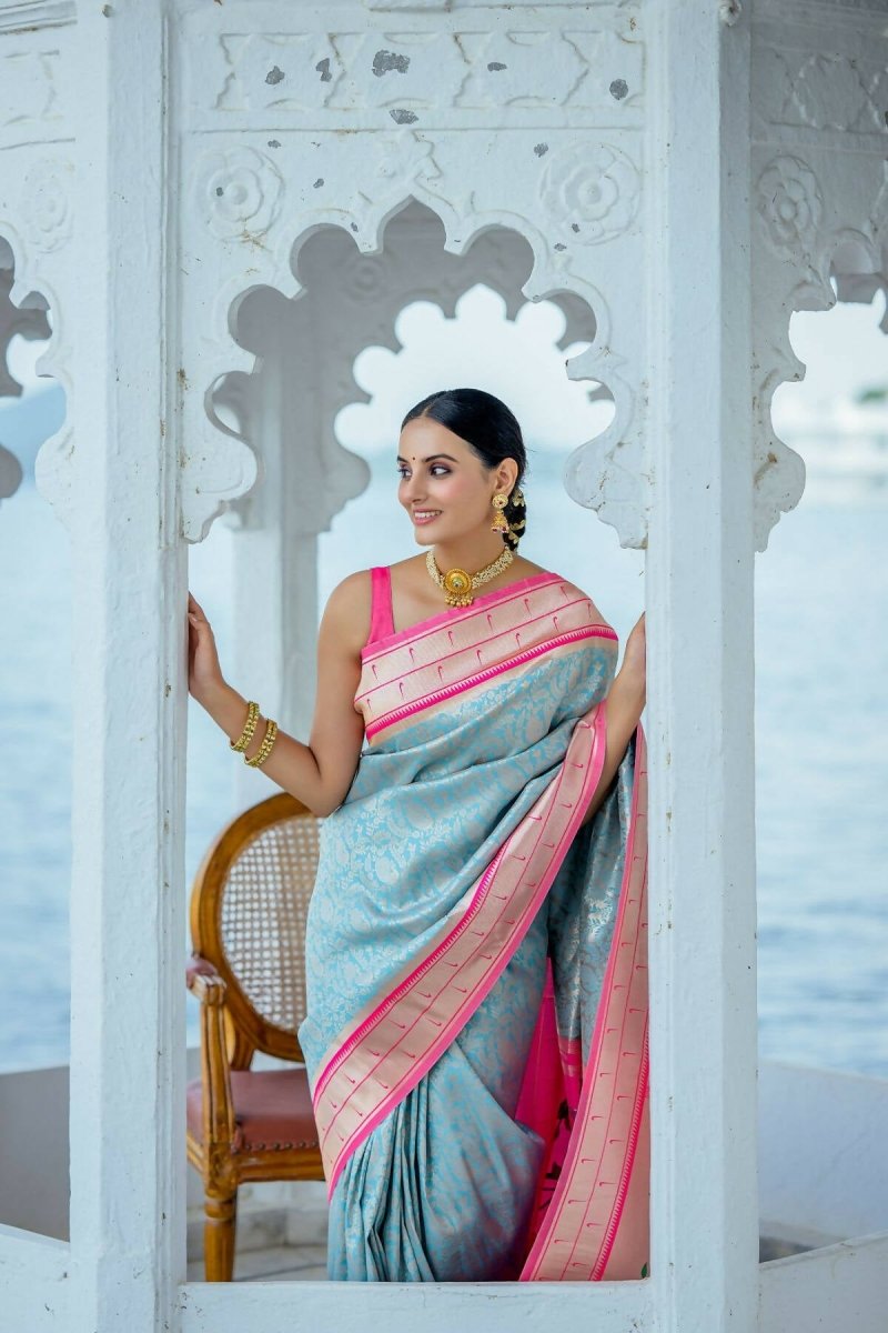 Aastha Fashion Turquoise Woven Kanjivaram Silk Saree with Blouse - Grab2buy