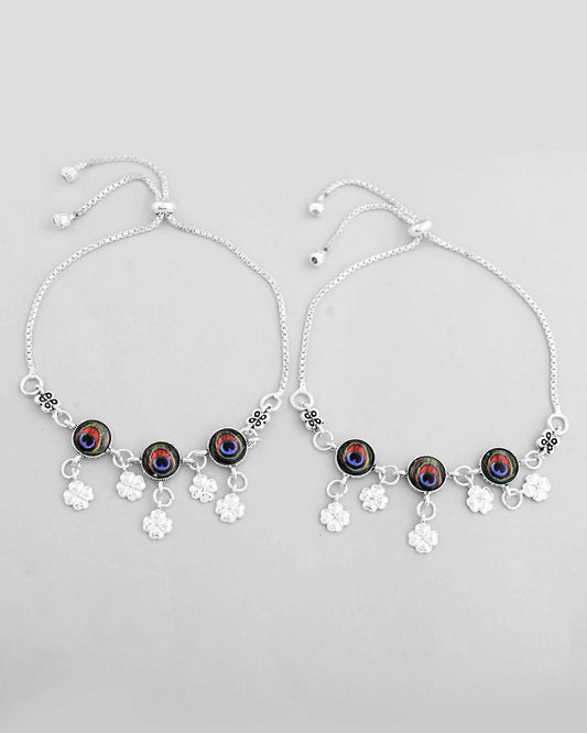 VOJ Set of 2 Silver Plated Peacock Printed HandCrafted Anklet