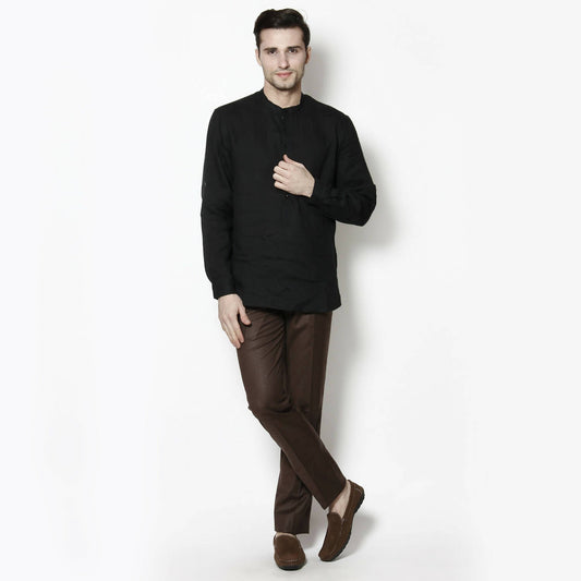 Even Apparels Black Linen Linen Men's Kurta With Band Collar