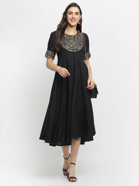 Rudra Bazaar Black Block Printed Flared Ethnic Kurta