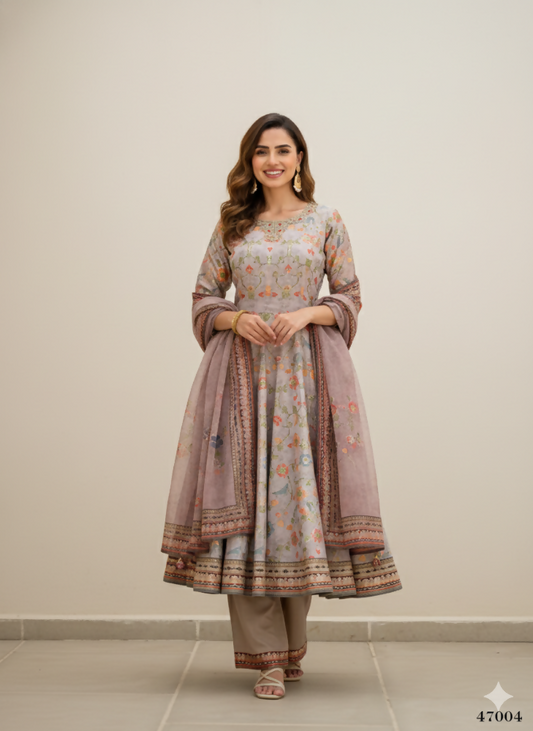 Functional Designer Grey Jam Silk Anarkali suit with Dupatta-Anbazaar