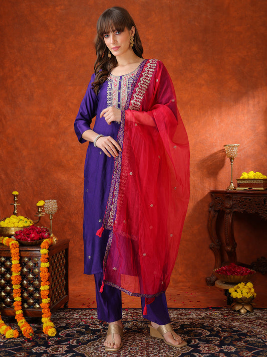 Sequin & Thread Embroidered Kurta With Pant & Embroidered Dupatta, Purple - Hiral Fashion