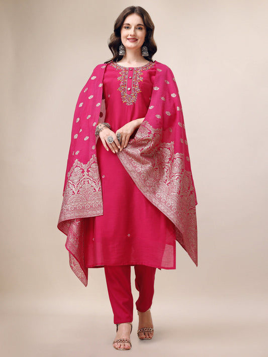 Embroidered Kurta With Pant & Dupatta Set, Multicolor - Hiral Fashion