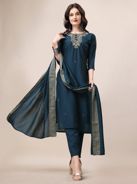 Hand Embroidered Button Embellished Kurta With Pant And Sequined Dupatta, Multicolor - Hiral Fashion