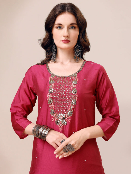 Hand Embroidered Mirror Detailed Kurta With Pant & Dupatta, Multicolor - Hiral Fashion