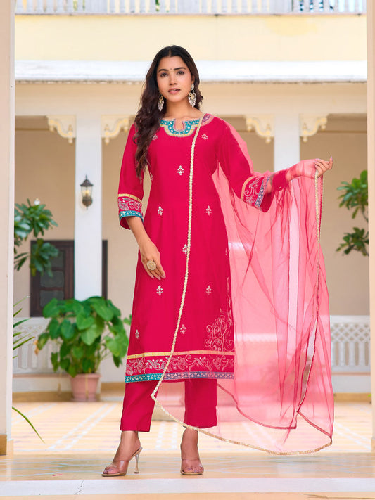 Embroidered Kurta With Pant & Lace Dupatta, Pink - Hiral Fashion