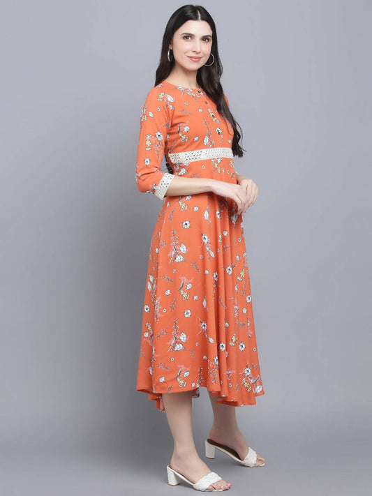 Myshka Women's Orange Floral Midi Dress
