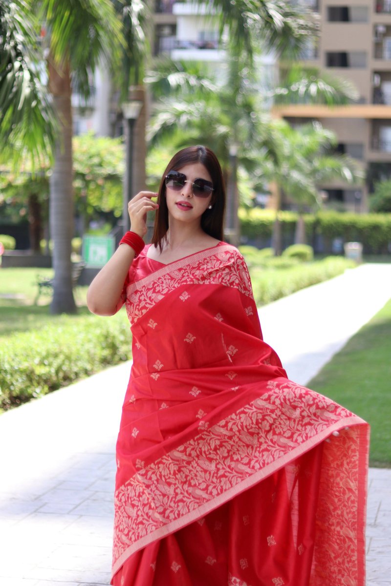 Aastha Fashion Red Woven Handloom Raw Silk Saree with Blouse - Grab2buy