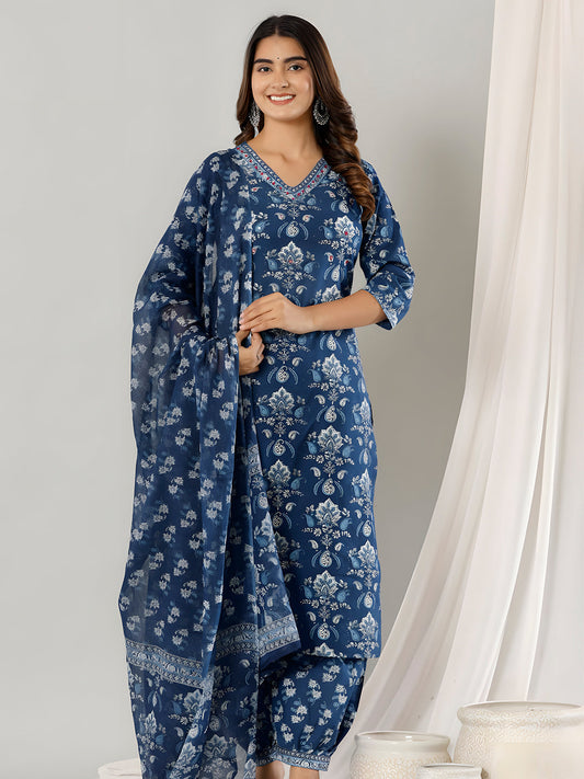 Printed Cotton Straight Kurta With Pant & Dupatta, Blue - Hiral Fashion