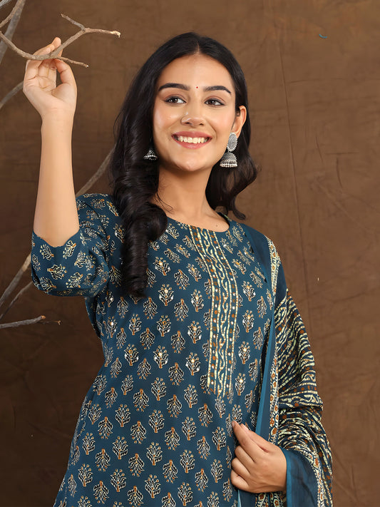 Printed Cotton Straight Kurta With Pant & Dupatta, Blue - Hiral Fashion