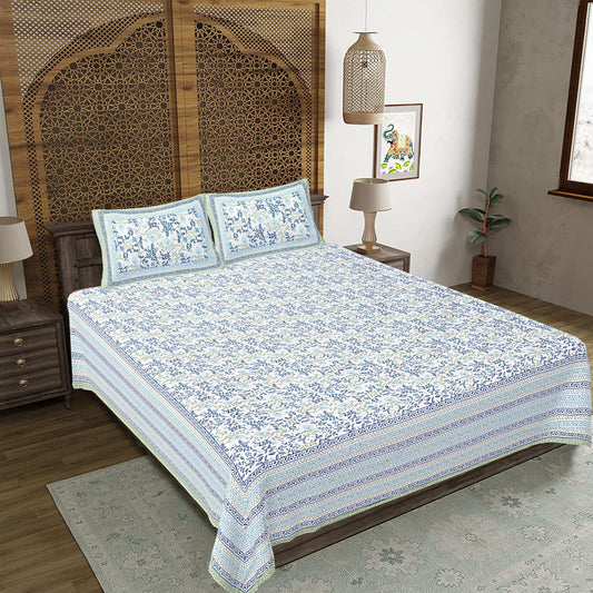Rudra Bazaar Green 210 TC Cotton Double King Bedsheet With 2 Pillow Covers