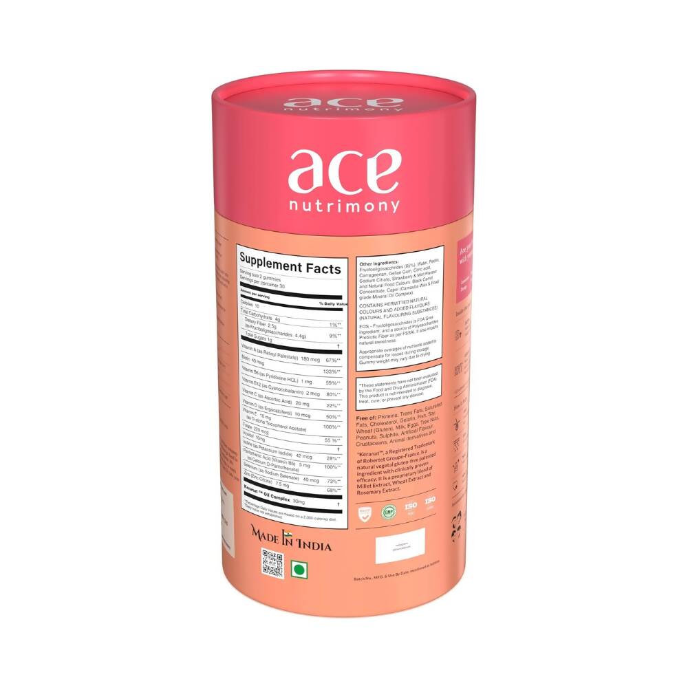 Ace Nutrimony Biotin Balanced Beauty Hair Gummies for Skin and Nails with Clinically Proven Keranat, Biotin - Strawberry - Grab2buy