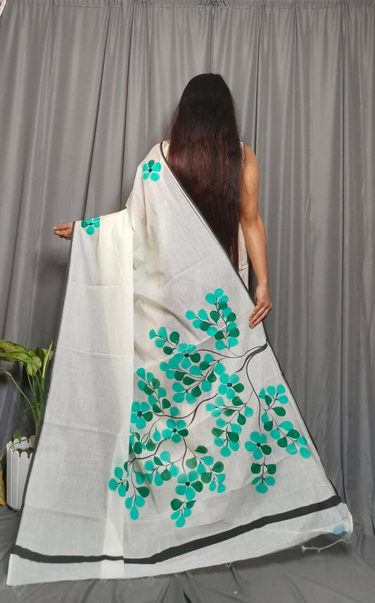 Exclusive Collection Beautiful White Green Pure Cotton Hand Print Handloom Grab2Buy With Running Blouse Piece