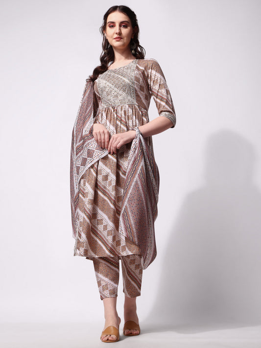 Nayra Cut Embroidered Kurta With Pant And Dupatta Set, Multicolor - Hiral Fashion