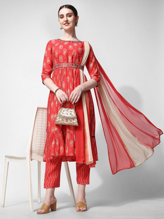Nayra Cut Embroidered Kurta With Pant, Dupatta & Embroidered Belt Set, Multicolor - Hiral Fashion