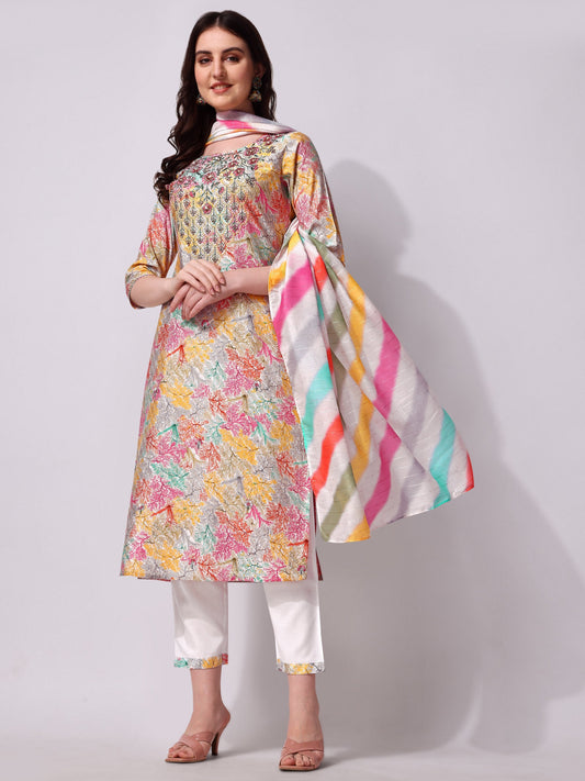 Multicolor Embroidered Kurta Pant & Printed Dupatta Set, Multicolor - Hiral Fashion