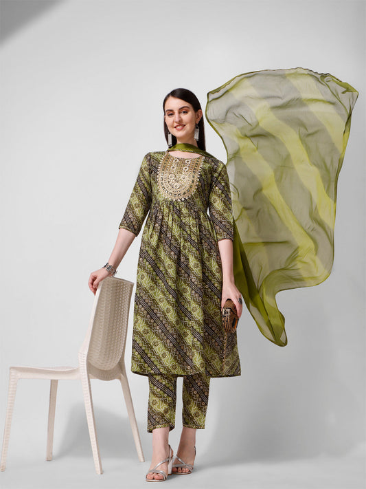 Green Printed Straight Cut Kurta With Cotton Pant Set, Multicolor - Hiral Fashion