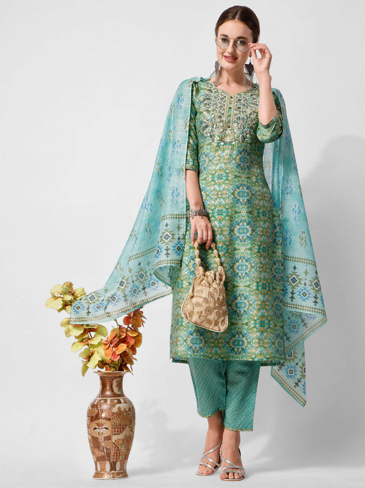 Printed And Embroidered Kurta With Pant And Dupatta Set, Multicolor - Hiral Fashion