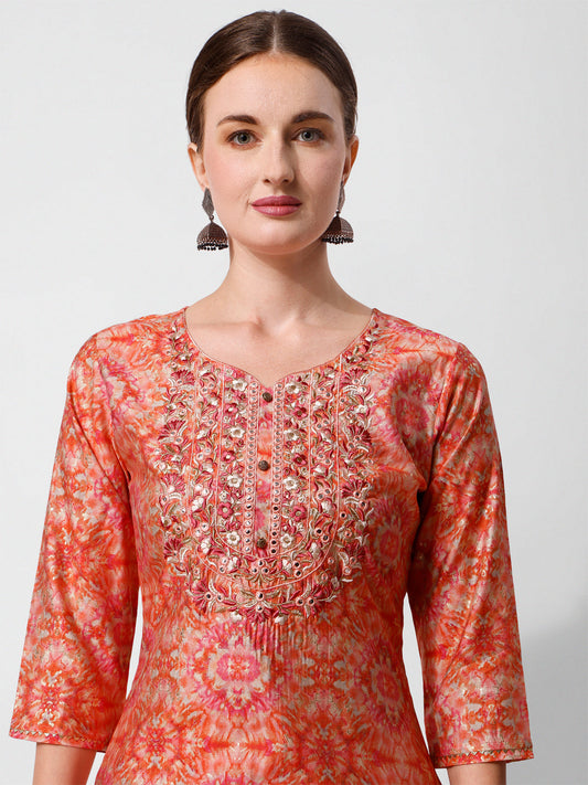 Printed And Embroidered Kurta With Pant And Dupatta Set, Multicolor - Hiral Fashion