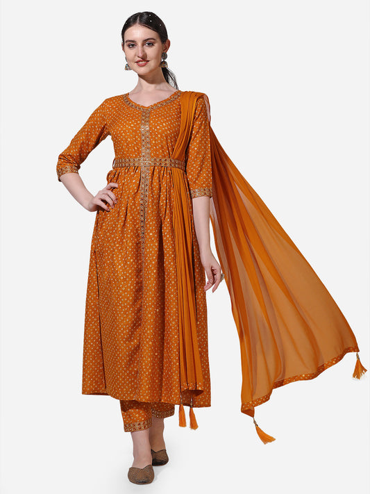Printed & Embroidered Kurta With Pant & Dupatta Set, Multicolor - Hiral Fashion