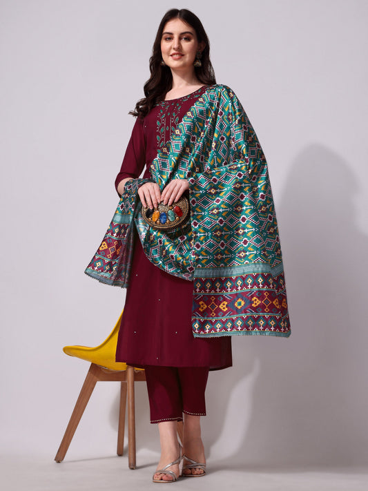 Embroidered Kurta With Pant And Dupatta Set, Multicolor - Hiral Fashion