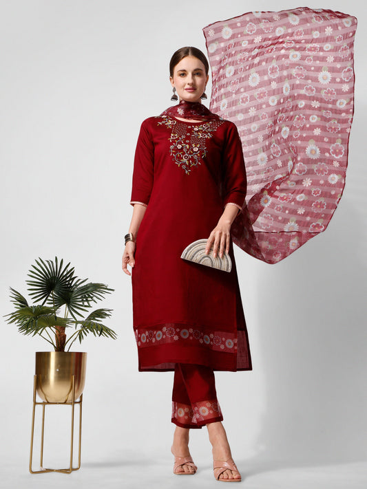 Embroidered Kurta With Pant And Printed Dupattaset, Multicolor - Hiral Fashion