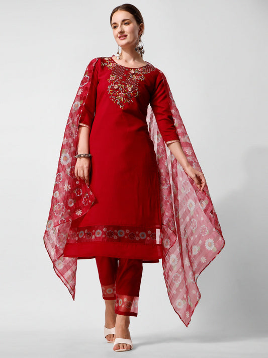 Embroidered Kurta With Pant And Printed Dupatta Set, Multicolor - Hiral Fashion