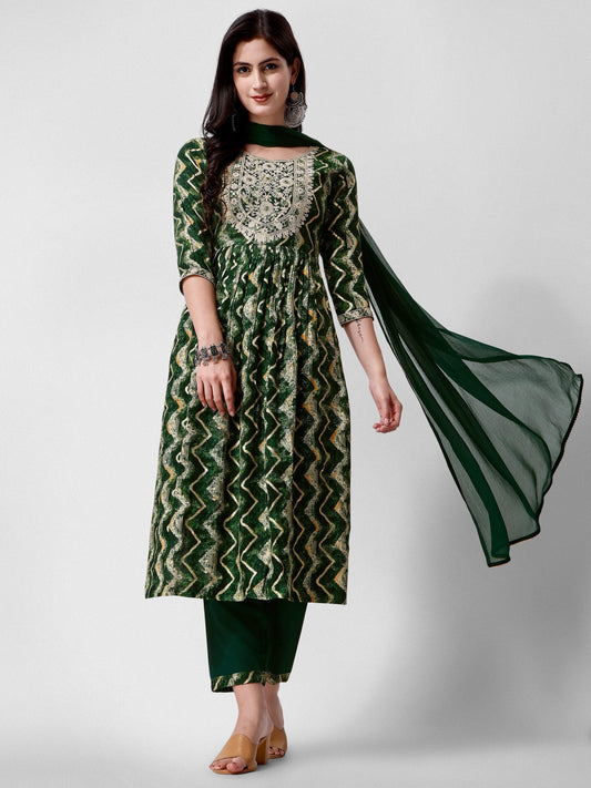 Nayra Cut Printed And Embroidered Kurta With Pant & Dupatta Set, Multicolor - Hiral Fashion