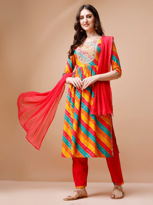 Nyra Cut Embroidered Multi Coloured Kurta With Pant & Dupatta, Multicolor - Hiral Fashion