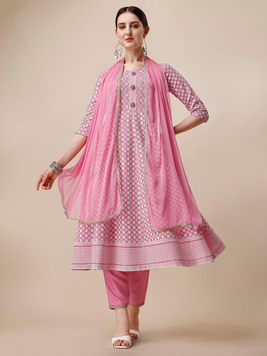 Lucknowi Embroidered Anarkali Kurta With Pant & Dupatta Set, Multicolor - Hiral Fashion